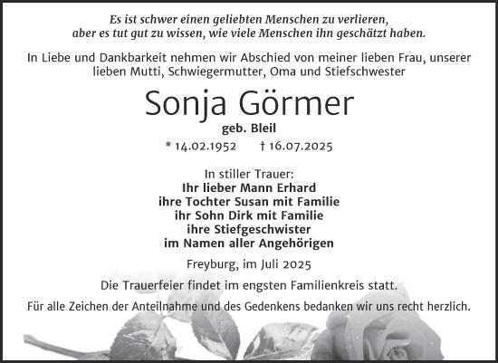 Traueranzeige von Sonja Görmer von Super Sonntag Naumburg/Nebra