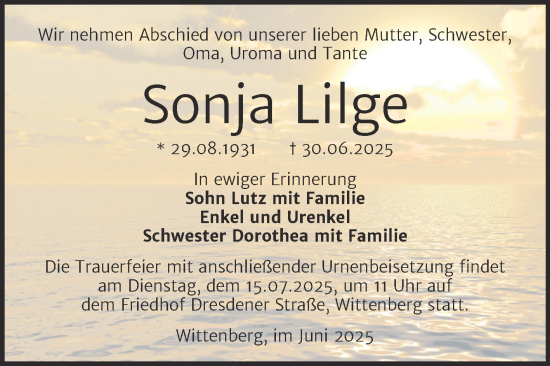 Traueranzeige von Sonja Lilge von Trauerkombi Wittenberg