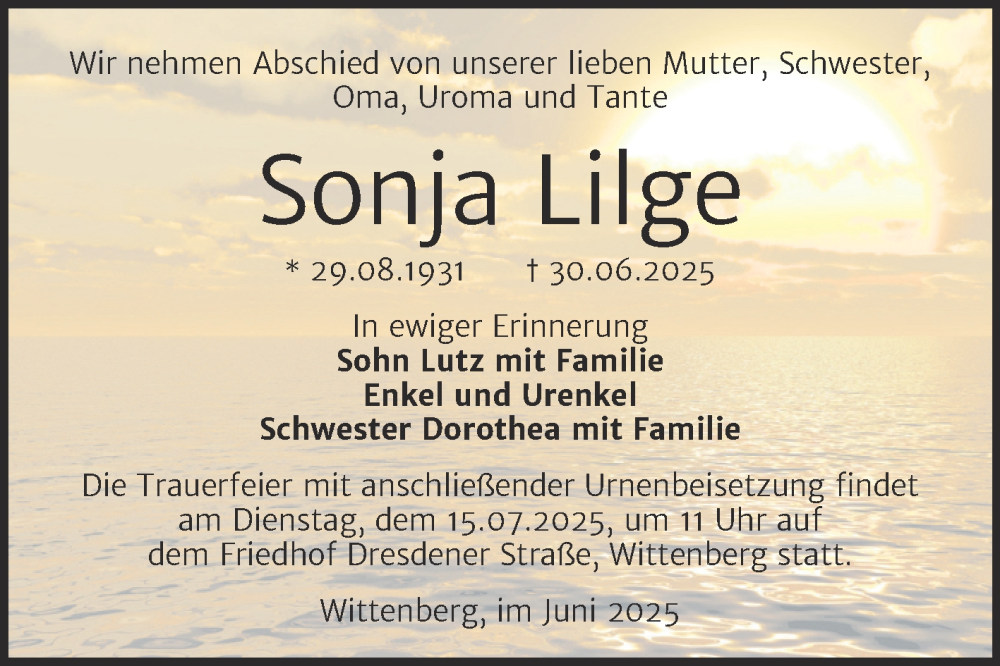  Traueranzeige für Sonja Lilge vom 12.07.2025 aus Trauerkombi Wittenberg