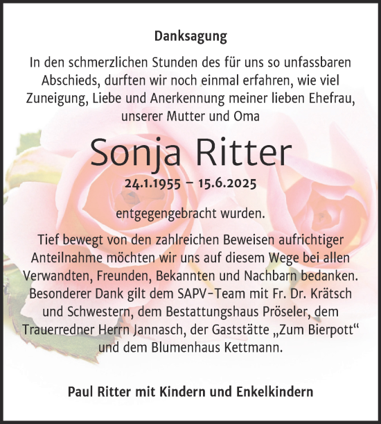 Traueranzeige von Sonja Ritter von Trauerkombi Bernburg