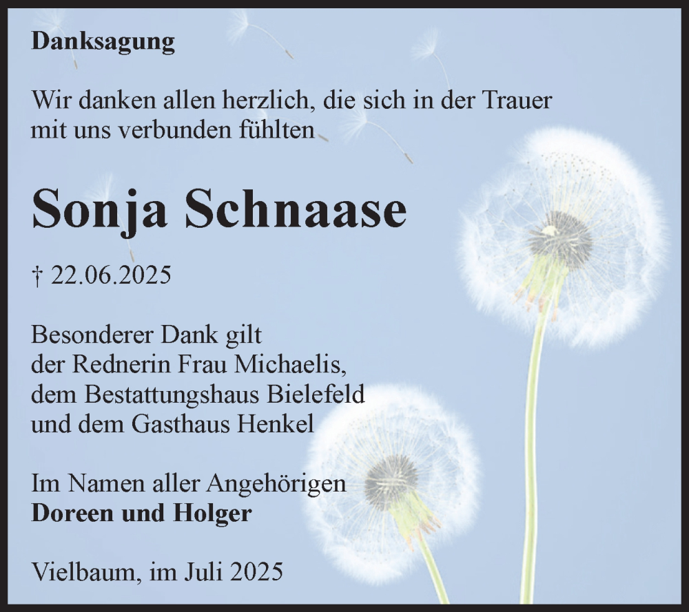  Traueranzeige für Sonja Schnaase vom 25.07.2025 aus Volksstimme Altmark Ost