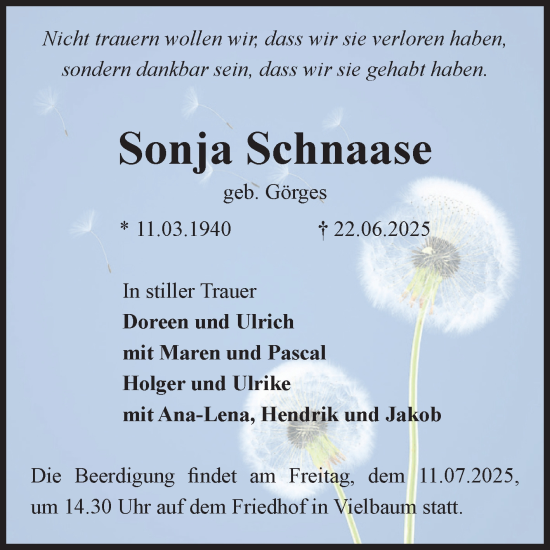 Traueranzeige von Sonja Schnaase von Volksstimme Altmark Ost