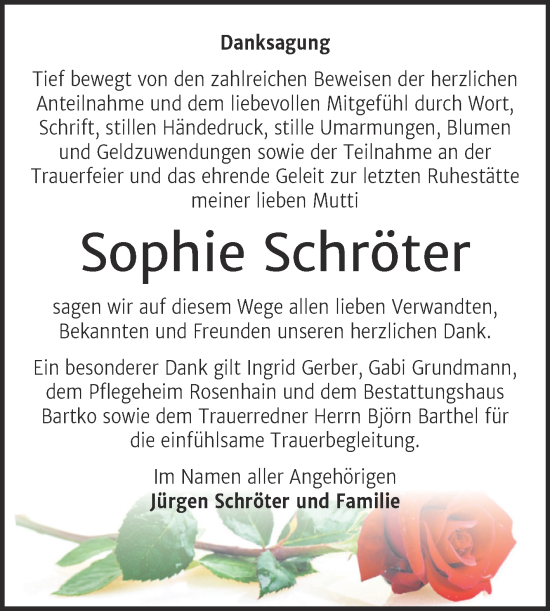 Traueranzeige von Sophie Schröter von Trauerkombi Köthen