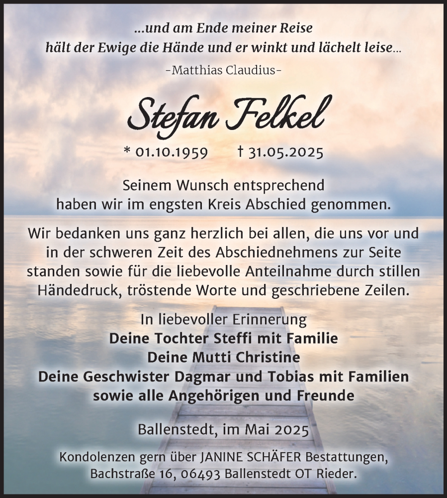  Traueranzeige für Stefan Felkel vom 12.07.2025 aus Trauerkombi Quedlinburg