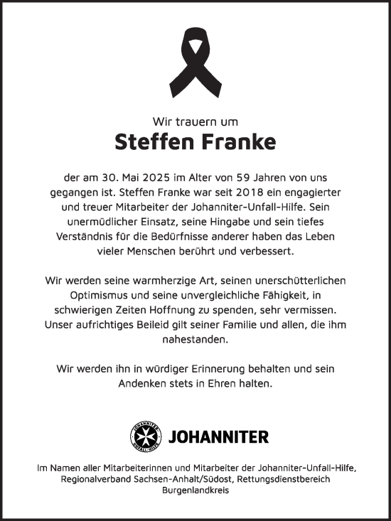 Traueranzeige von Steffen Franke von Super Sonntag Naumburg/Nebra