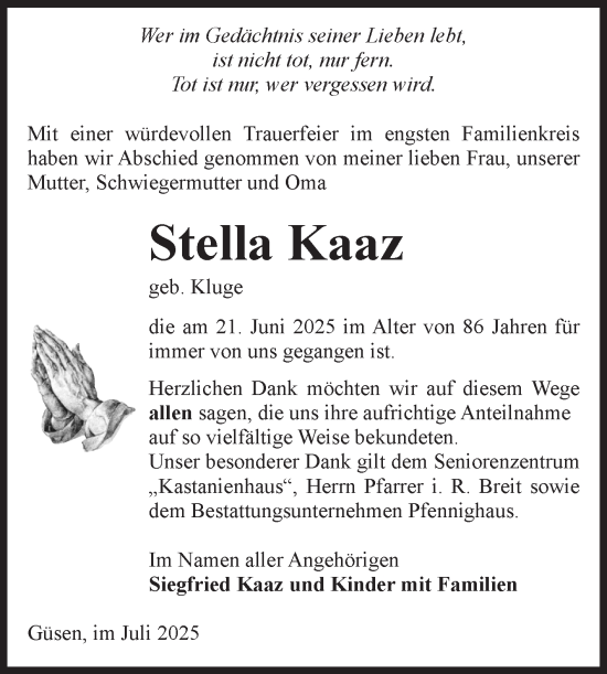 Traueranzeige von Stella Kaaz von Volksstimme Burg/Genthin