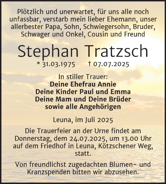Traueranzeige von Stephan Tratzsch von Trauerkombi Merseburg