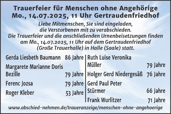 Traueranzeige von Sterbetafel vom 12.07.2025 von Mitteldeutsche Zeitung Halle/Saalkreis