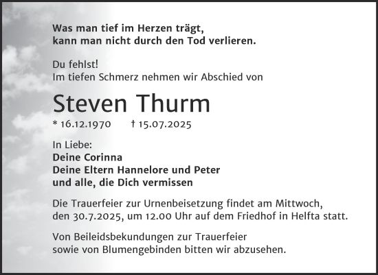Traueranzeige von Steven Thurm von Trauerkombi Mansfelder Land