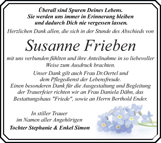 Traueranzeige von Susanne Frieben von Trauerkombi Dessau