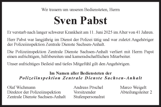 Traueranzeige von Sven Pabst von Volksstimme Magdeburg