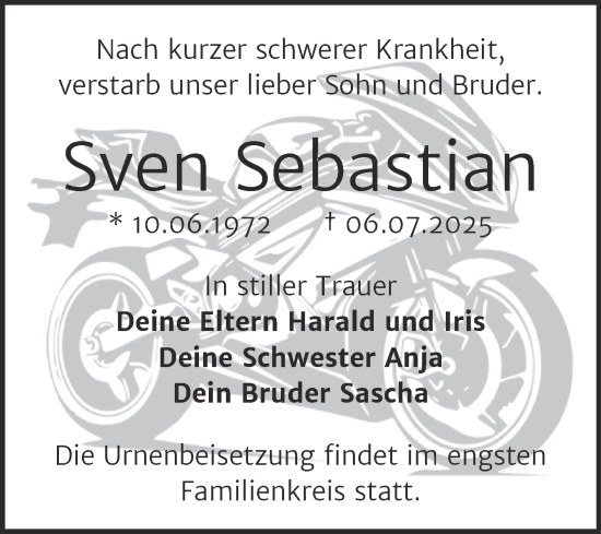 Traueranzeige von Sven Sebastian von Trauerkombi Merseburg