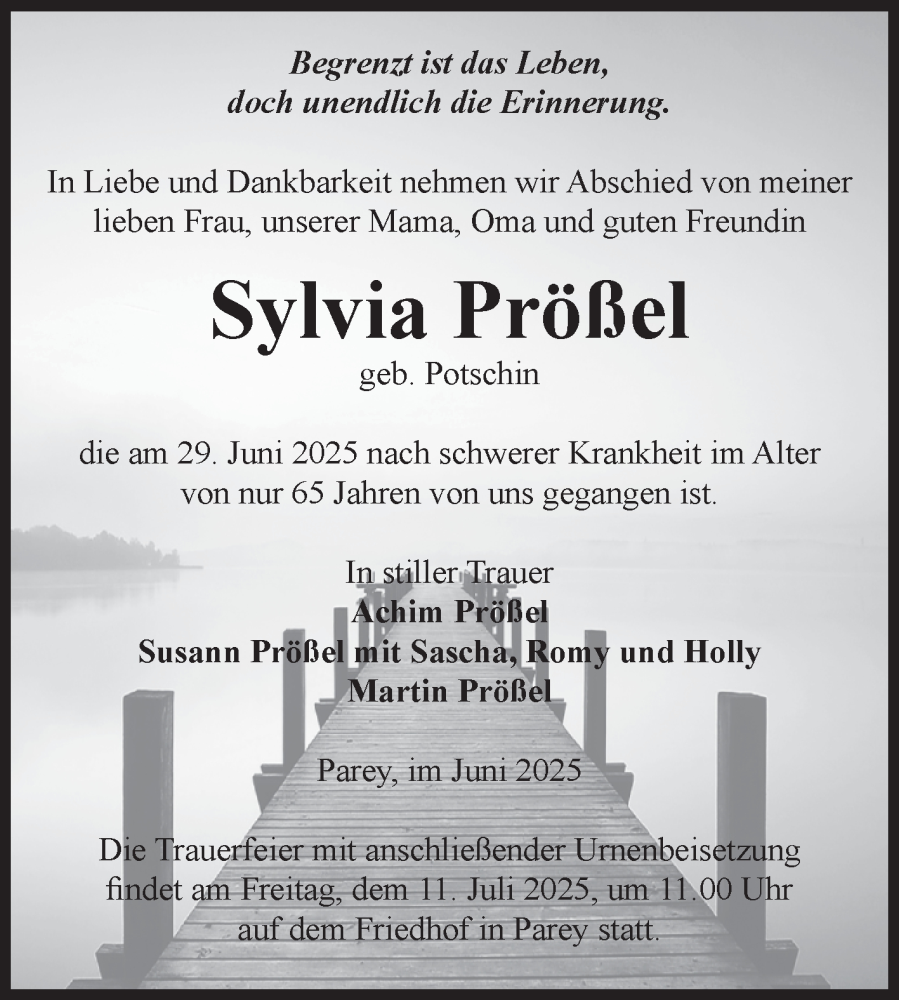  Traueranzeige für Sylvia Prößel vom 05.07.2025 aus Volksstimme Burg/Genthin