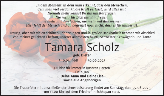 Traueranzeige von Tamara Scholz von Trauerkombi Merseburg