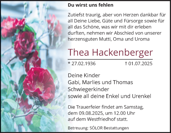Traueranzeige von Thea Hackenberger von Volksstimme Magdeburg
