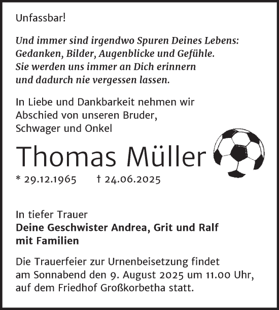 Traueranzeige von Thomas Müller von Trauerkombi Weißenfels