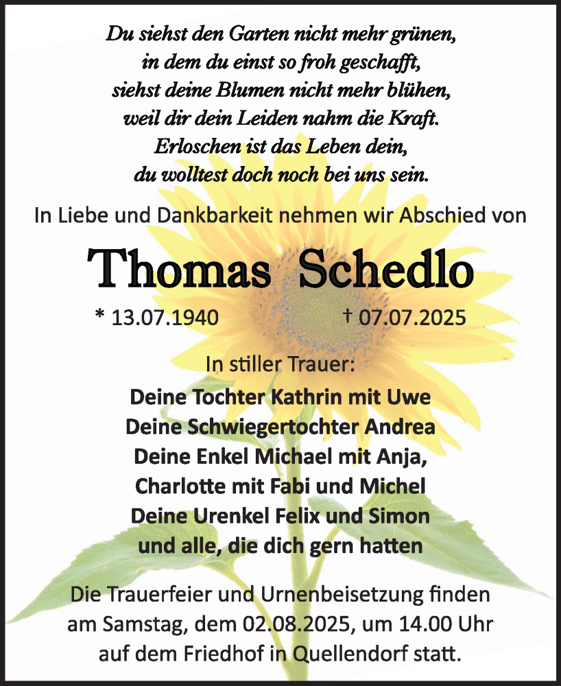  Traueranzeige für Thomas Schedlo vom 12.07.2025 aus Trauerkombi Köthen