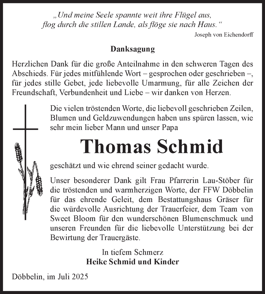  Traueranzeige für Thomas Schmid vom 26.07.2025 aus Volksstimme Altmark Ost