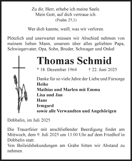 Traueranzeige von Thomas Schmid von Volksstimme Altmark Ost