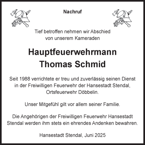 Traueranzeige von Thomas Schmid von Volksstimme Altmark Ost