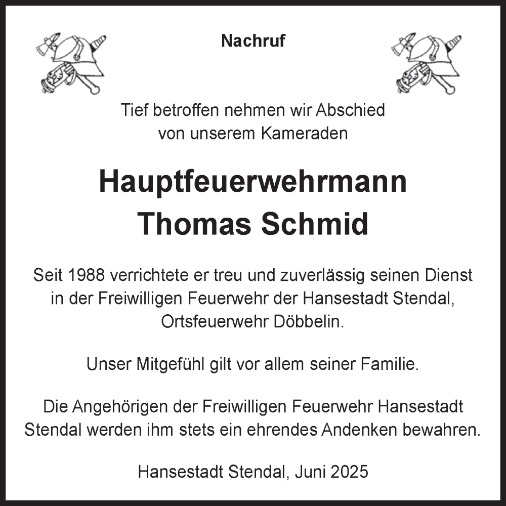  Traueranzeige für Thomas Schmid vom 12.07.2025 aus Volksstimme Altmark Ost