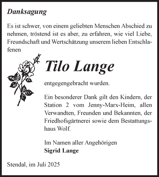 Traueranzeige von Tilo Lange von Volksstimme Altmark Ost
