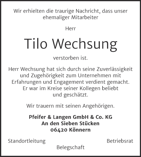 Traueranzeige von Tilo Wechsung von Mitteldeutsche Zeitung Bernburg