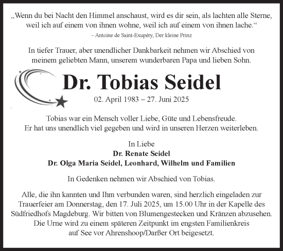 Traueranzeige von Tobias Seidel von Volksstimme Magdeburg