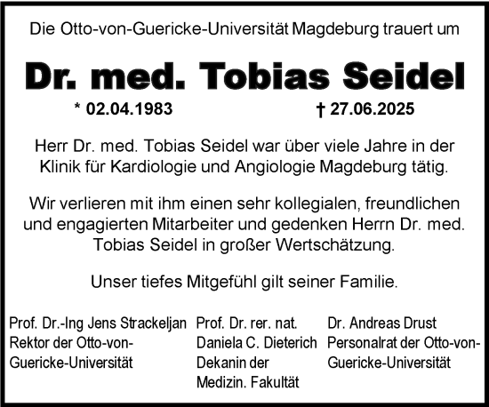 Traueranzeige von Tobias Seidel von Volksstimme Magdeburg