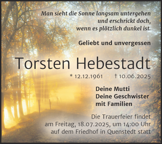 Traueranzeige von Torsten Hebestadt von Trauerkombi Mansfelder Land