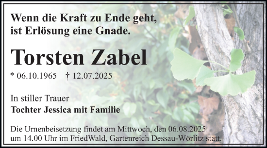Traueranzeige von Torsten Zabel von Trauerkombi Dessau