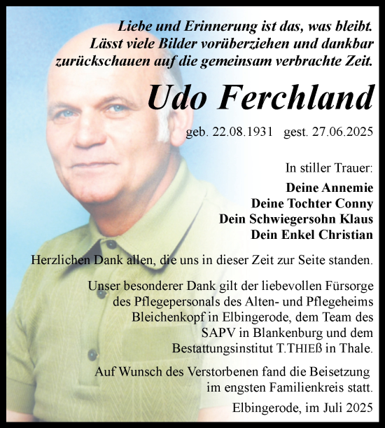Traueranzeige von Udo Ferchland von Volksstimme Wernigerode