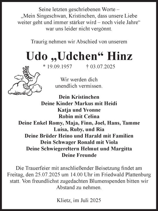 Traueranzeige von Udo Hinz von Volksstimme Altmark Ost