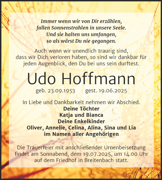 Traueranzeige von Udo Hoffmann von Trauerkombi Sangerhausen