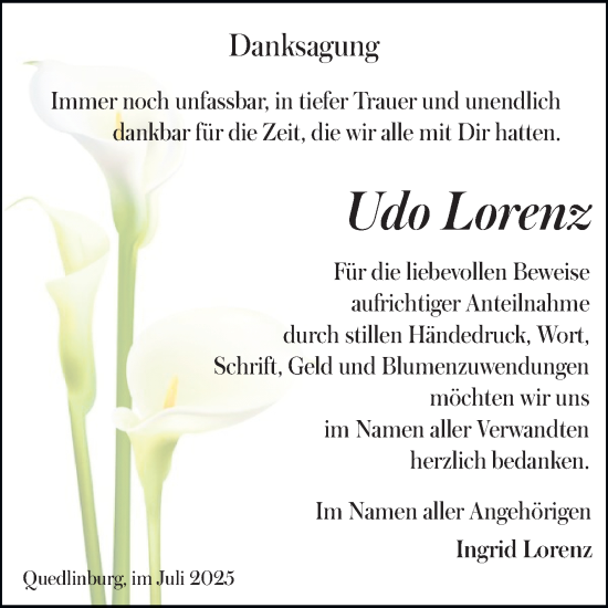 Traueranzeige von Udo Lorenz von Trauerkombi Quedlinburg