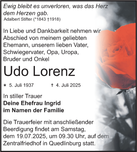Traueranzeige von Udo Lorenz von Trauerkombi Quedlinburg