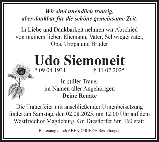 Traueranzeige von Udo Siemoneit von Volksstimme Magdeburg