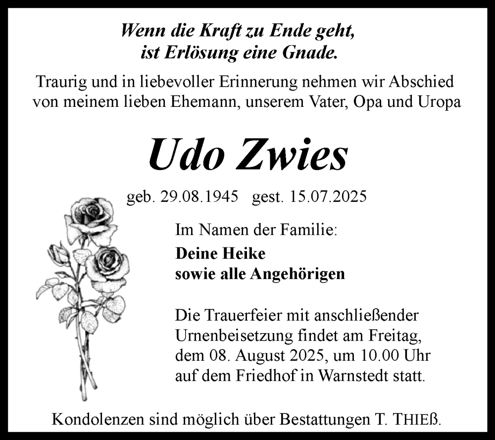  Traueranzeige für Udo Zwies vom 26.07.2025 aus Trauerkombi Quedlinburg
