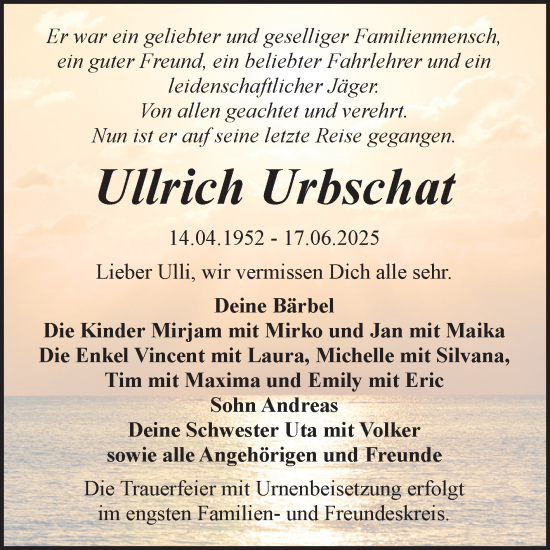 Traueranzeige von Ullrich Urbschat von Trauerkombi Köthen