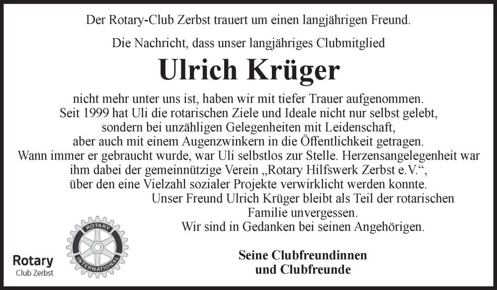  Traueranzeige für Ulrich Krüger vom 26.07.2025 aus Volksstimme Zerbst