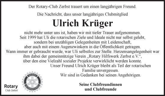 Traueranzeige von Ulrich Krüger von Volksstimme Zerbst