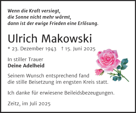 Traueranzeige von Ulrich Makowski von Trauerkombi Zeitz