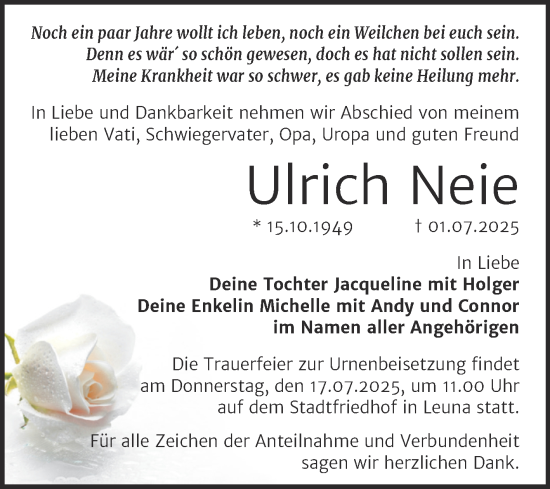 Traueranzeige von Ulrich Neie von Trauerkombi Merseburg