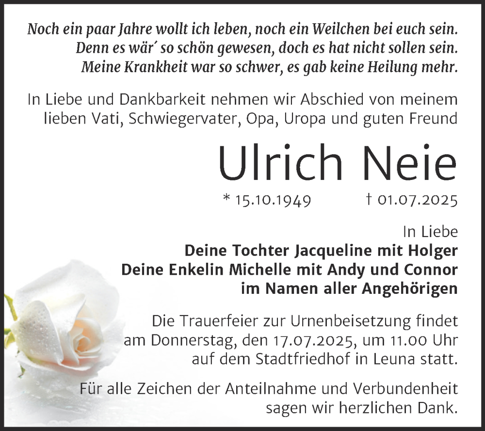 Traueranzeige für Ulrich Neie vom 12.07.2025 aus Trauerkombi Merseburg