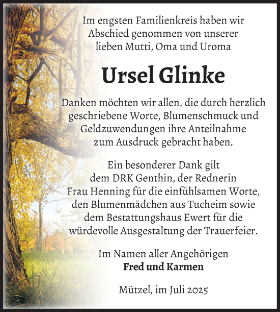 Traueranzeige von Ursel Glinke 