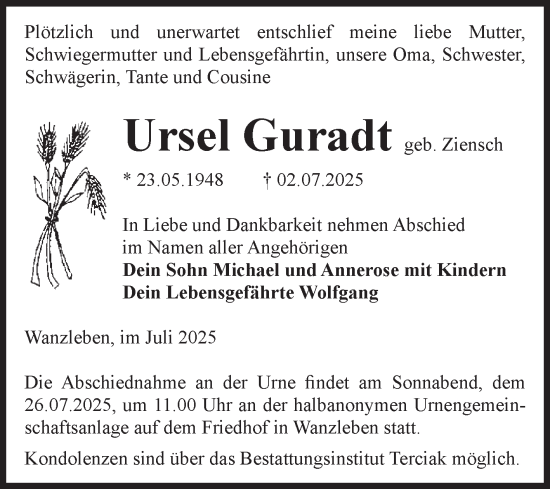 Traueranzeige von Ursel Guradt von Volksstimme Oschersleben/Wanzleben