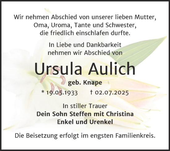 Traueranzeige von Ursula Aulich von Trauerkombi Wittenberg
