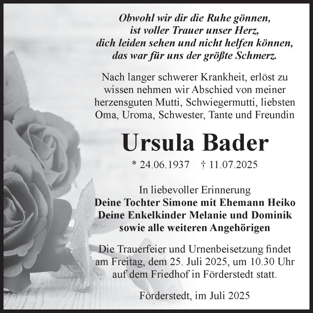 Traueranzeige für Ursula Bader vom 19.07.2025 aus Volksstimme Staßfurt