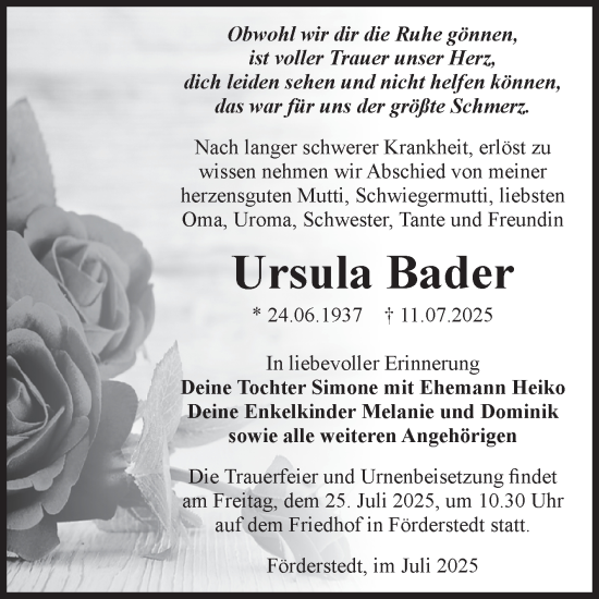 Traueranzeige von Ursula Bader von Volksstimme Staßfurt
