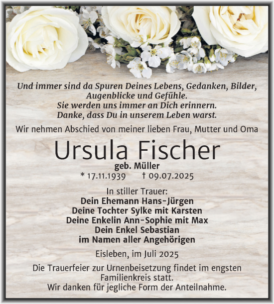 Traueranzeige von Ursula Fischer von Trauerkombi Mansfelder Land